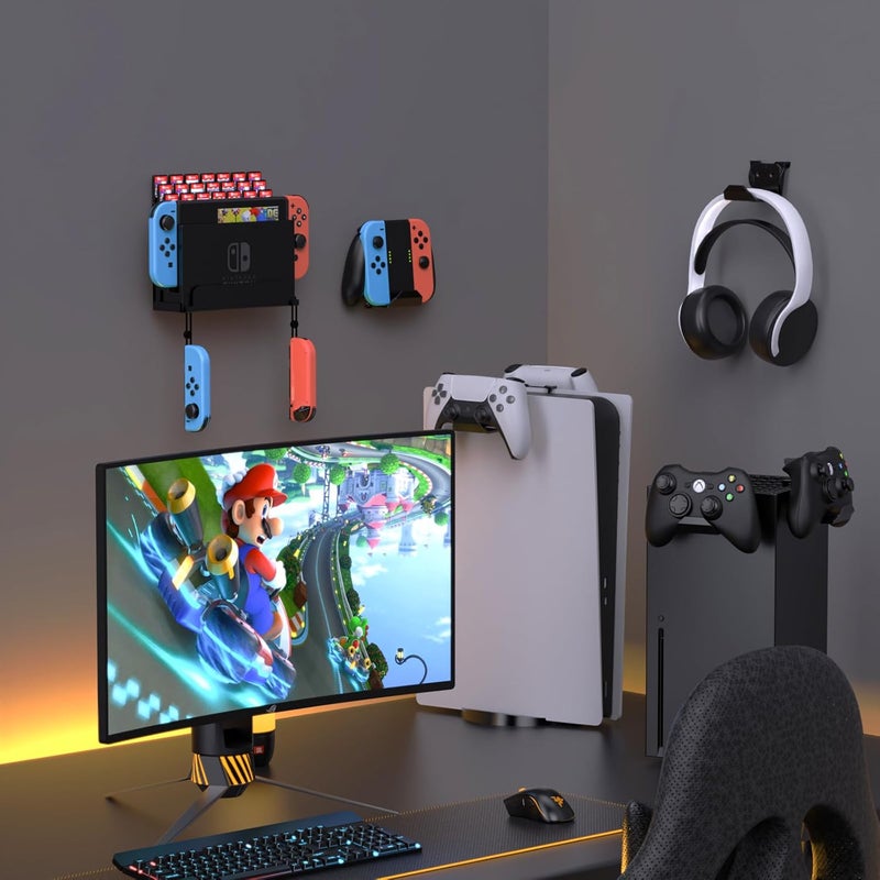 KUNSLUCK Wall Mount for Nintendo Switch/Switch OLED with 2 Controller Wall Mount and 28 Game Card Holders, Safely Store Your Switch Console Near or Behind Your TV (Black) - Image 5